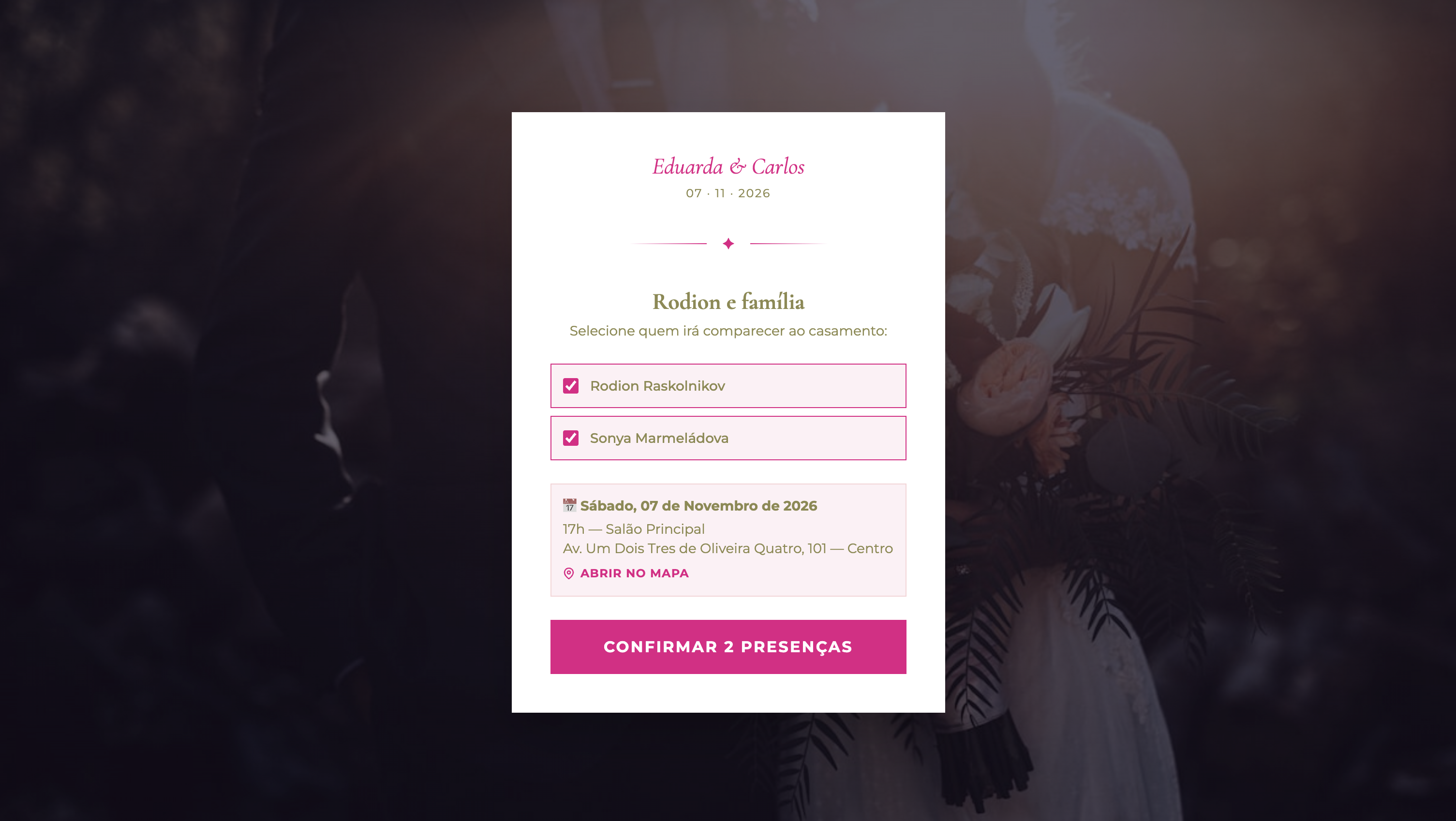 Página de RSVP para convidados